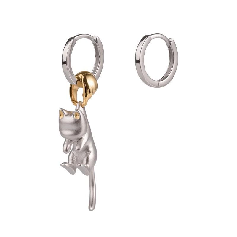 Sleek Frosted Silver Cat Pendant Necklace & Earrings - Cute Unisex Gift Set
