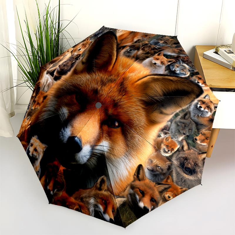 Fuchs-Muster, automatisch faltbarer Regenschirm, tragbares und faltbares Design, 8 Schirmrippen, ein Weihnachts- oder Geburtstagsgeschenk.
