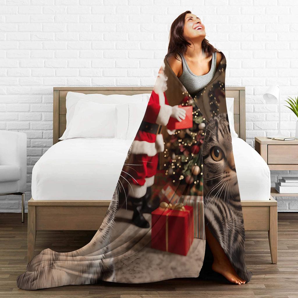 Cat Selfie with Santa Blanket Quality Super Soft Throw Blanket Autumn Girls Boys Home Decor Comfortable Bedspread