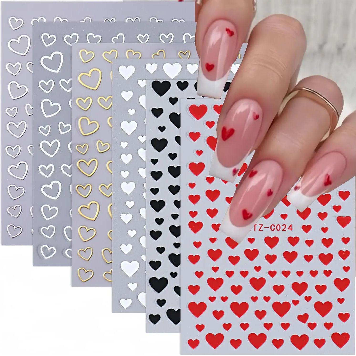 

3 листа наклеек для ногтей с сердечками Самоклеящиеся наклейки с сердечками для натуральных и акриловых ногтей Декор для ногтей с сердечками для На