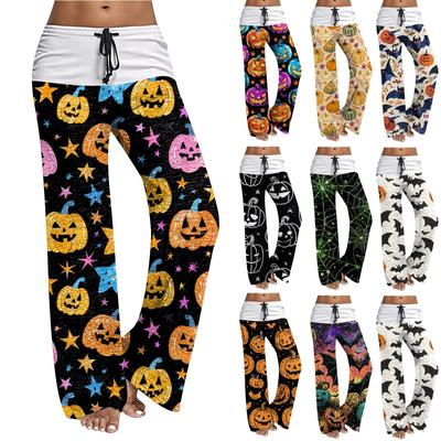 Women's Casual Lace-Up Wide-Leg Pants Halloween Print Casual Pants