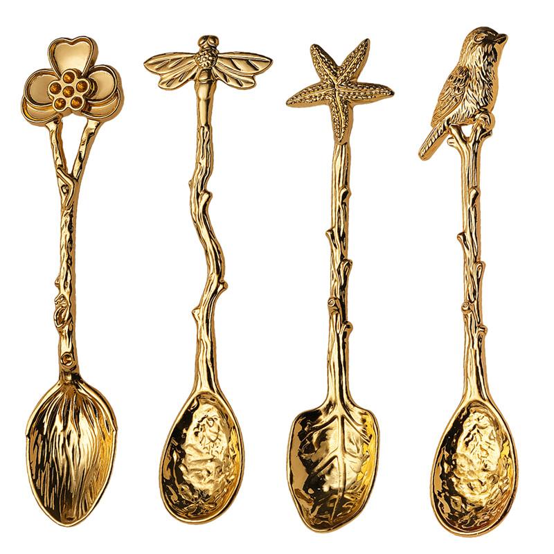 Retro Engraving Dessert Spoon Crystal Head Ice Cream Spoon Creative Mixing Spoon Retro Royal Style Tableware Kitchen Tools