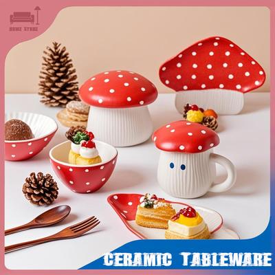 Ceramic Mushroom Coffee Mug Cartoon Water Kettle with Lid Cute Breakfast Milk Cup Tableware Home Teapot Plate Bowl Birthday Gift