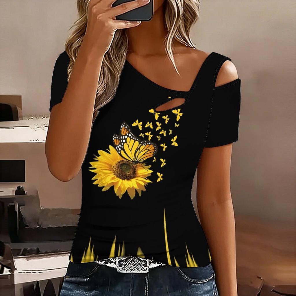 Women Flower Pattern Print Cold Shoulder Short Sleeve T Shirt Irregular Cutout Neck Casual Summer Blouse Top