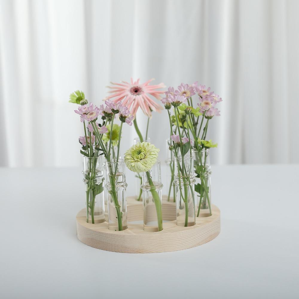 Kreative Einfachheit Massivholz Reihe von Reagenzglastöpfen Holzständer Hydrokulturvase Transparente Reagenzglasform für Heimdekoration
