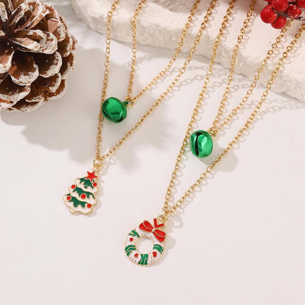 Christmas Festive Atmosphere Bell Santa Claus Christmas Tree Elk Double Layered Necklace Pendant