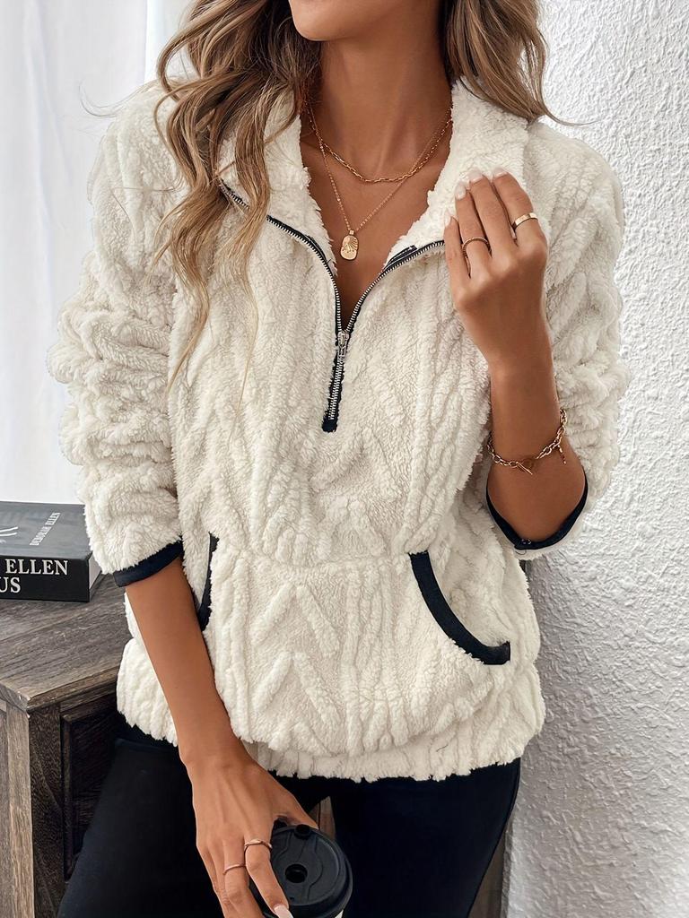 2025 Autumn/Winter European & American Lapel Jacquard Half-Zip Plush Pocket Short Sweatshirt