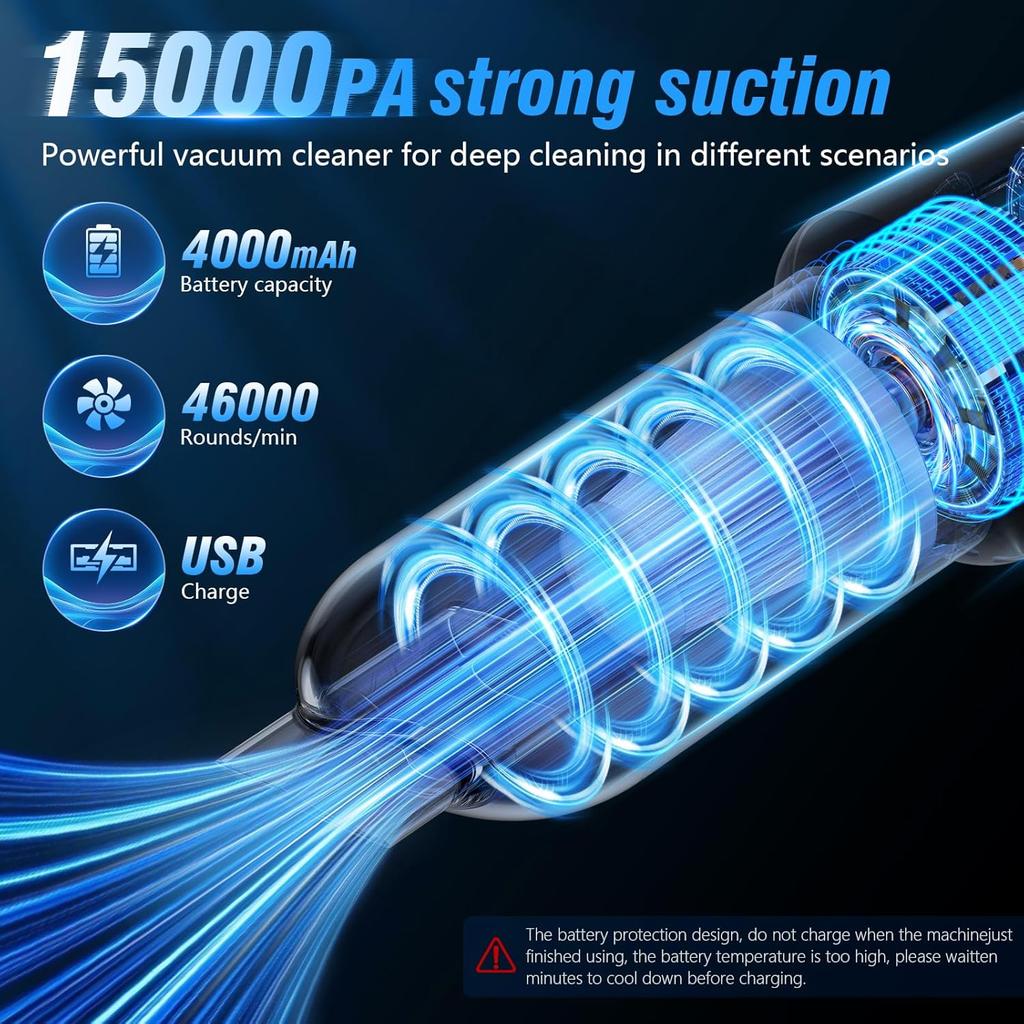 Handheld Car Vacuum - 15000Pa Cordless Wet/Dry, 120W High Power with Complete Accessory Kit for Cars, Pet Hair, Home & Office