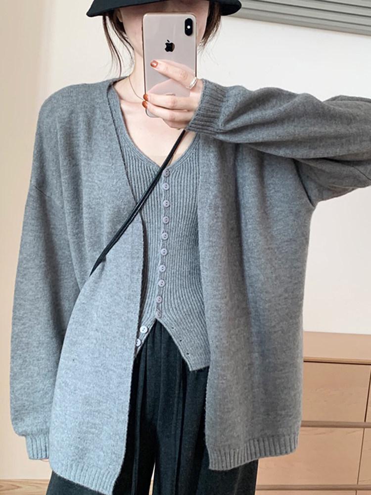 Korean Style Knit V-Neck Cardigan & Camisole Set for Women - Autumn/Winter Sweater Vest Duo