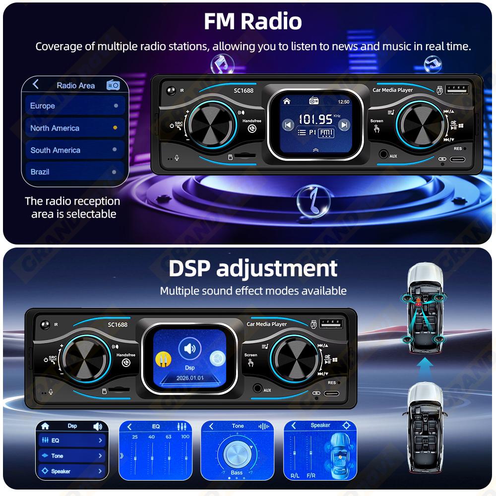 2026 Portable 1 Din Car Radio MP3 Player Touch Screen Auto Radio in-dash Bluetooth USB/SD/AUX-IN Colorful Lights DSP with Voice Assistant Time Display