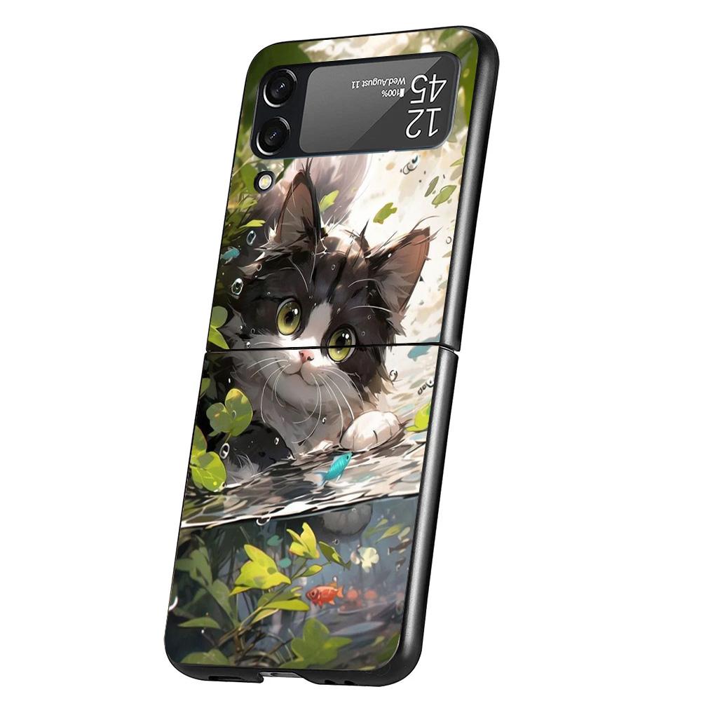 Cartoon Cute Cat Fish Aesthetic Cover Phone Case For Samsung Galaxy Z Flip 7 6 5 4 3 5G Flip7 Flip6 Flip5 Flip4 Flip3 Black Fund