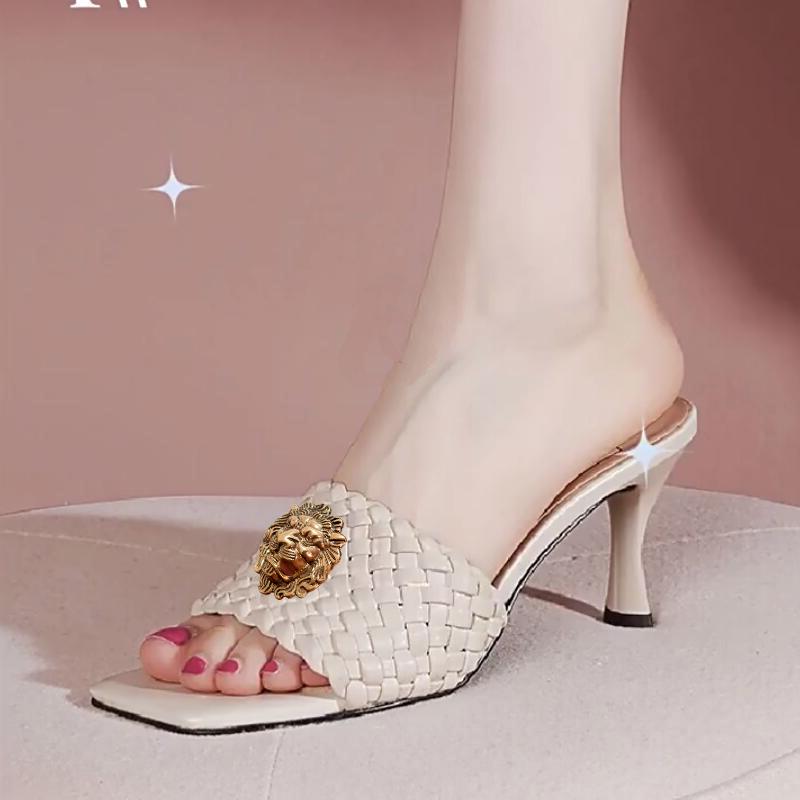 Fashion Top-grain cowhide high-end and elegant casual square toe thin heel one-line slippers, Roman woven flip-flops