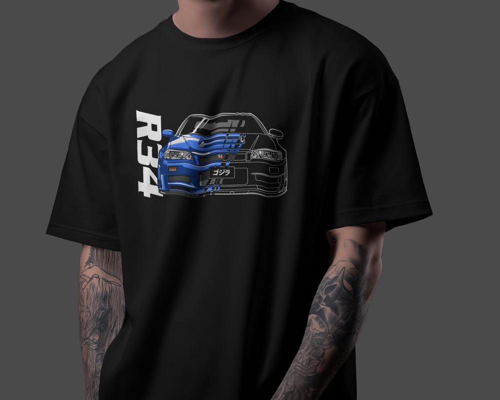 

R34 GTR Fan Art T‑Shirt 100% Cotton Skyline JDM Drift Car Graphic Unisex Tee 4XL