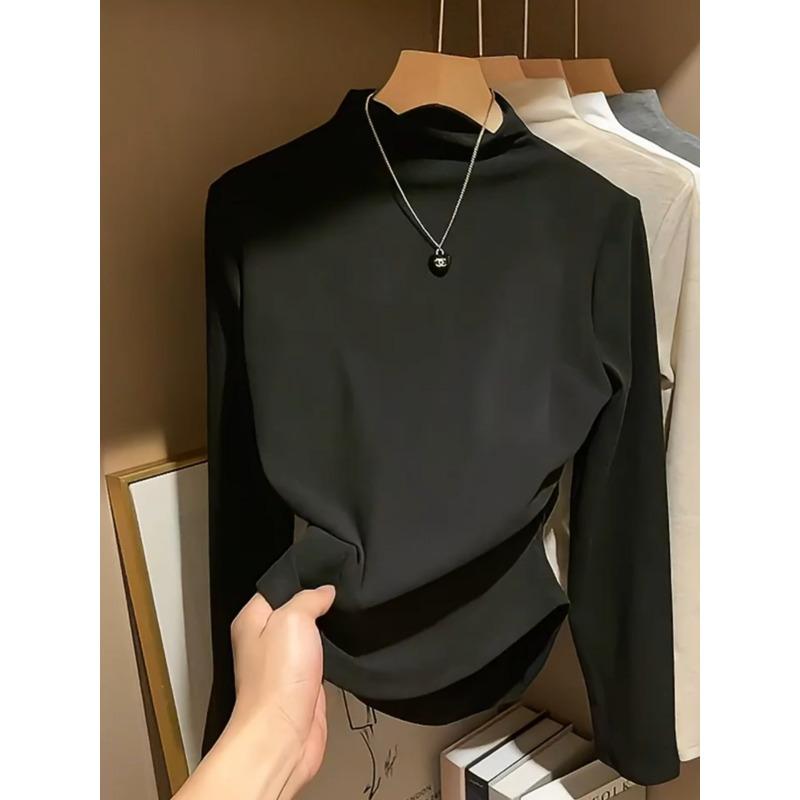 Waist Pleated Irregular Bottoming Shirt Women's Spring Slim and Thin Spice Girl Style Long-sleeved T-shirt with Top Inside