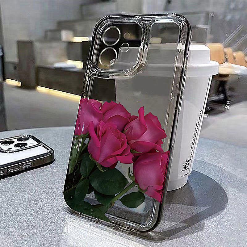 Minimalist Rose Case For iPhone 16 15 14 13 12 11 Pro Max XS X XR 8 7 Plus 16e SE 2020 Flower Shockproof Clear Silicone Cover