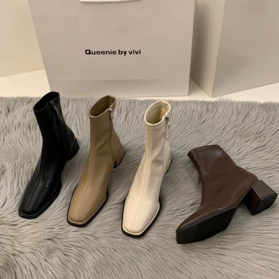 2025 Autumn Winter Design Heel Ankle Boot Fashion Square Toe Zipper Ladies Casual Chelsea Boots Shoes Soft Leather Short Boot