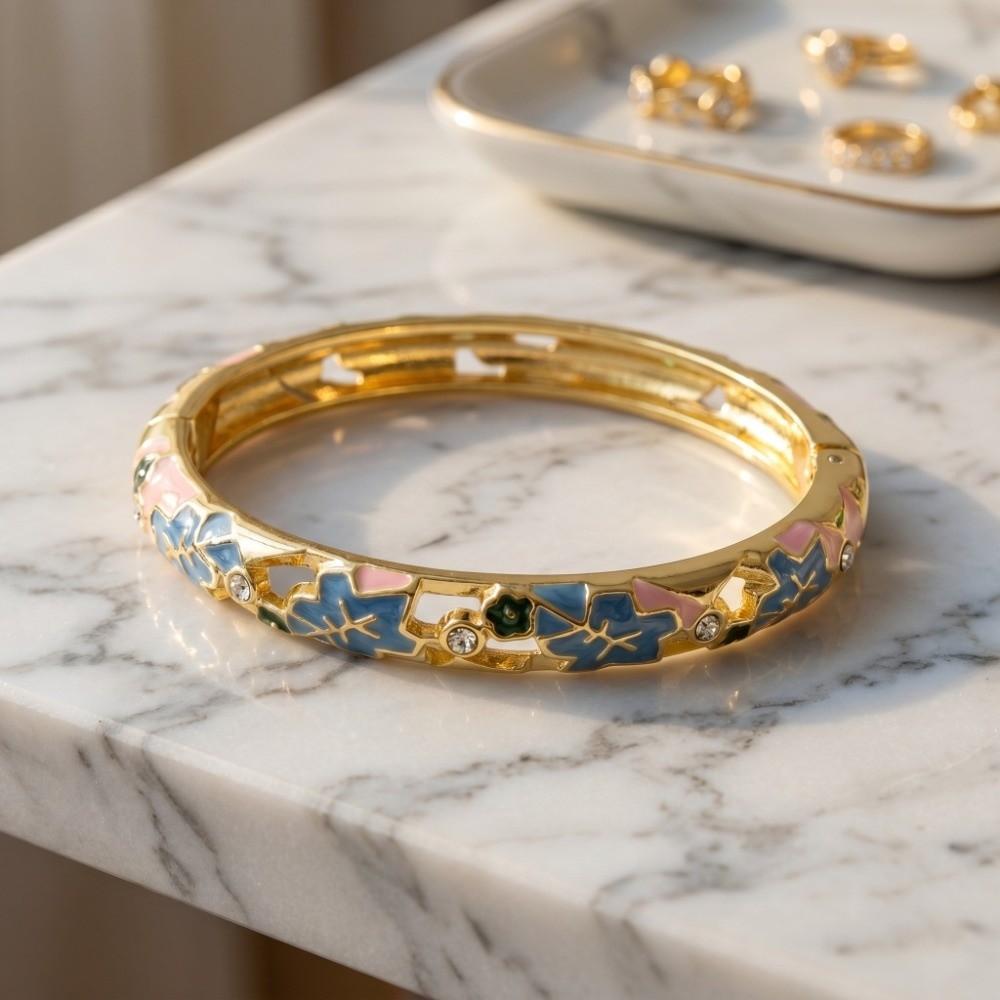Traditional Vintage Cloisonne Bangle Big Floral Leaf Women's Hand Bracelet Gifts for Women Girl