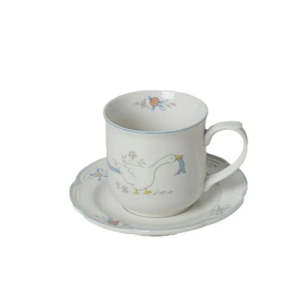 Cartoon Swan Floral Ceramic Mugs Coffee Cups Plate Set Milk Tea Cup Ins Korean Style Oatmeal Breakfast Mug Drinkware Kitchen Cup