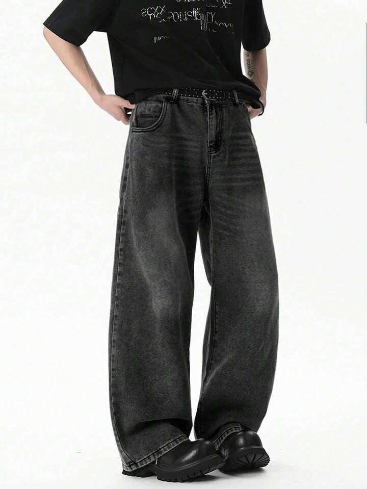 American washed retro cleanfit straight jeans men's trendy brand loose autumn straight mopping long pants