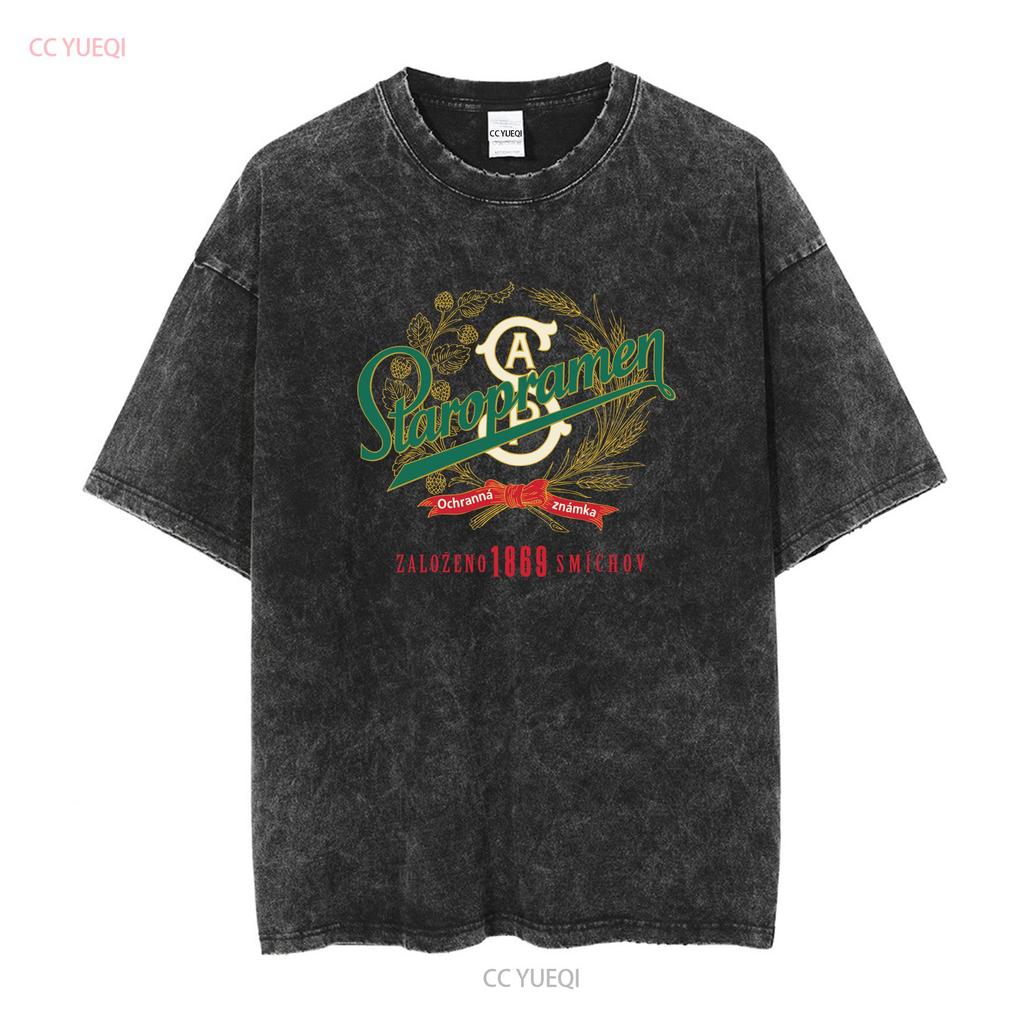 Staropramen Tschechisches Bier Abgenutztes Etikettenmuster T-Shirt vintage Gewaschenes Lässiges Oberteil Für Den Täglichen Gebrauch streetwear Grafik Stilvoll