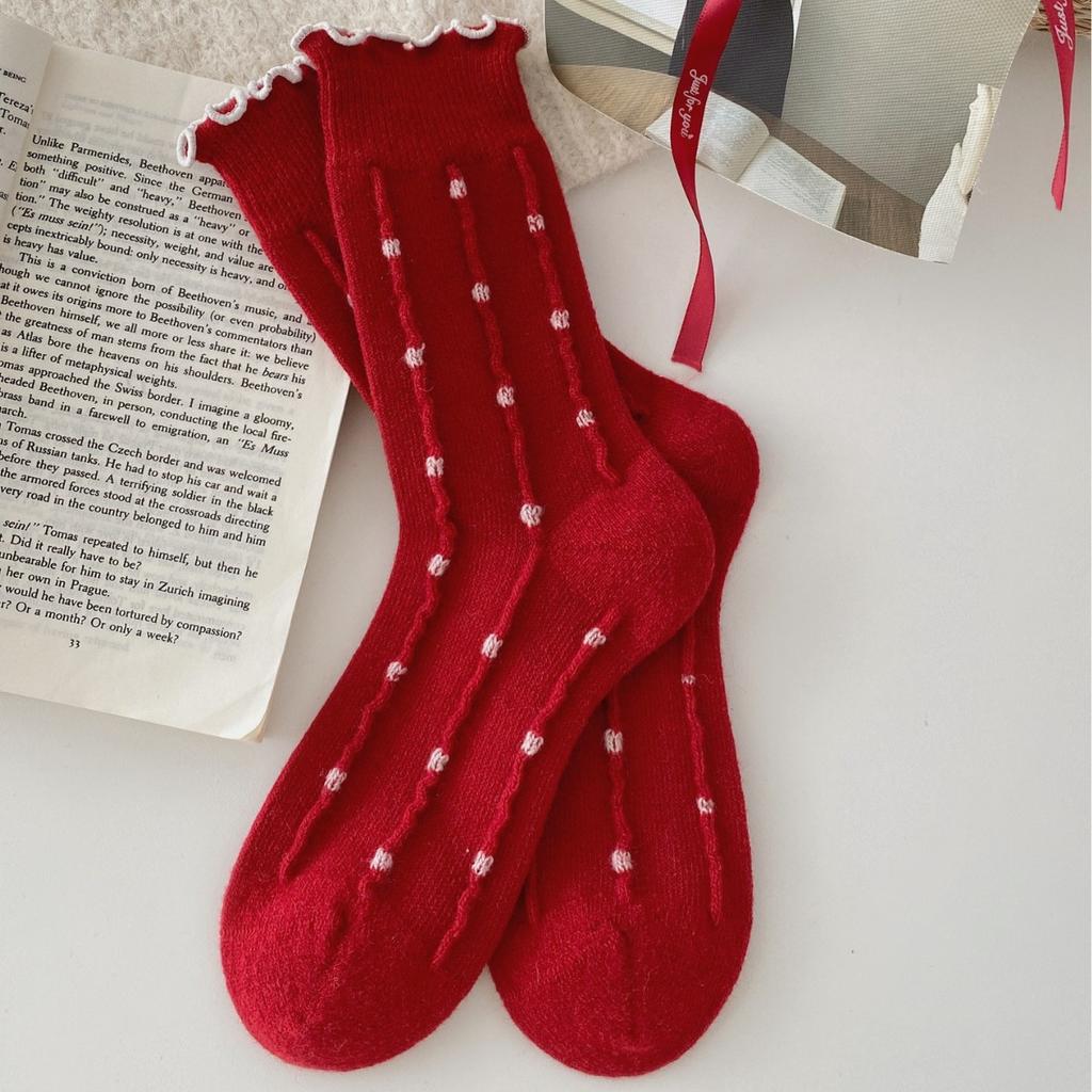 Socks Winter Festive Bow Red Thickened Warm Wool Socks Mid-Tube Socks Polka Dot Pile Socks