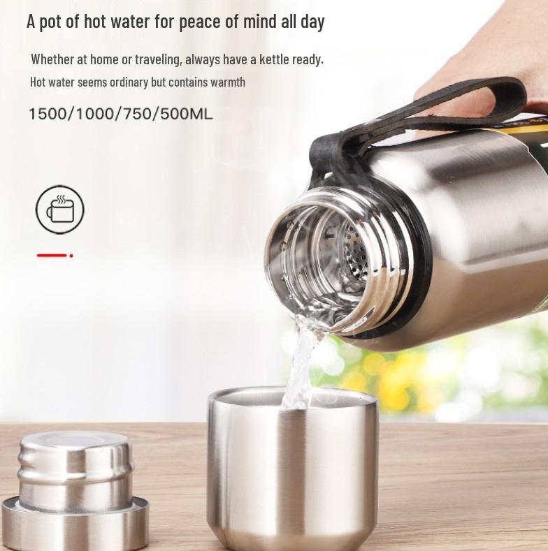 1.5L Russian 304 Stainless Steel Insulated Kettle with Dual Lids for Tea and Water Separation
