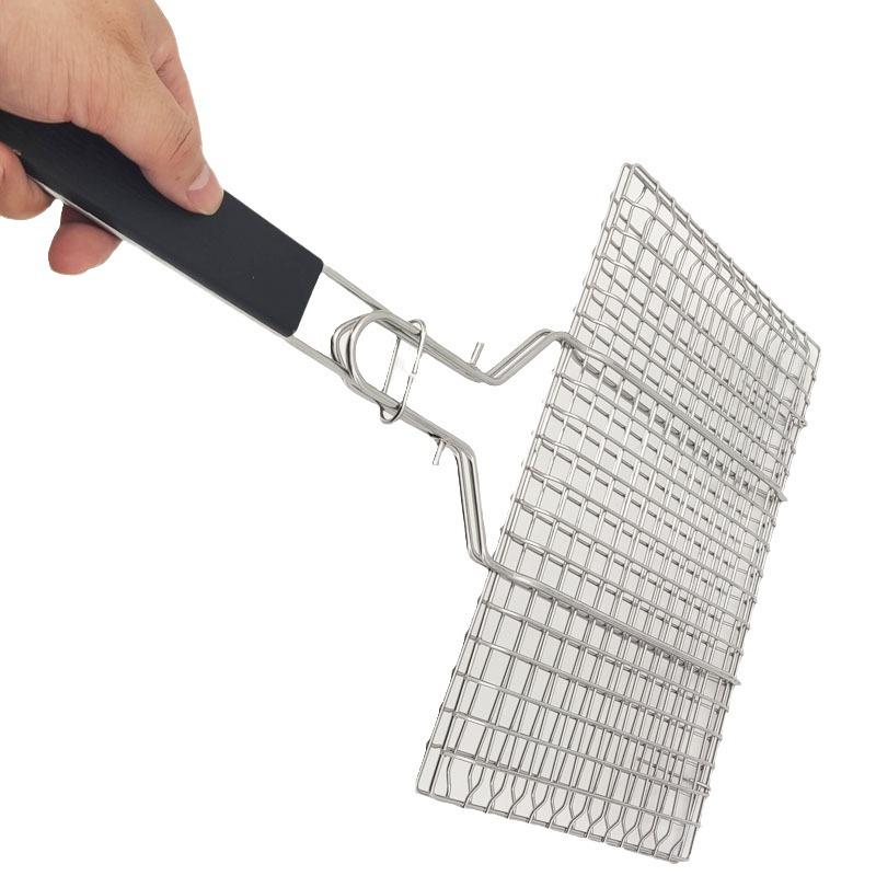 Portable Outdoor BBQ Grill Tongs with Wooden Handle - Anti-Scald Detachable Grill Net for Fish and Vegetables