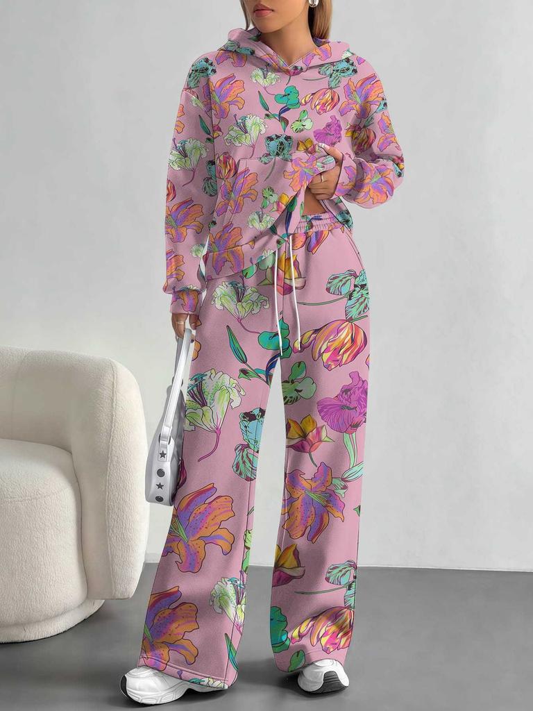 Flowers European, American Autumn and Winter Casual Long-sleeved Suit Women's Hooded Sweater Trousers Two-piece Set