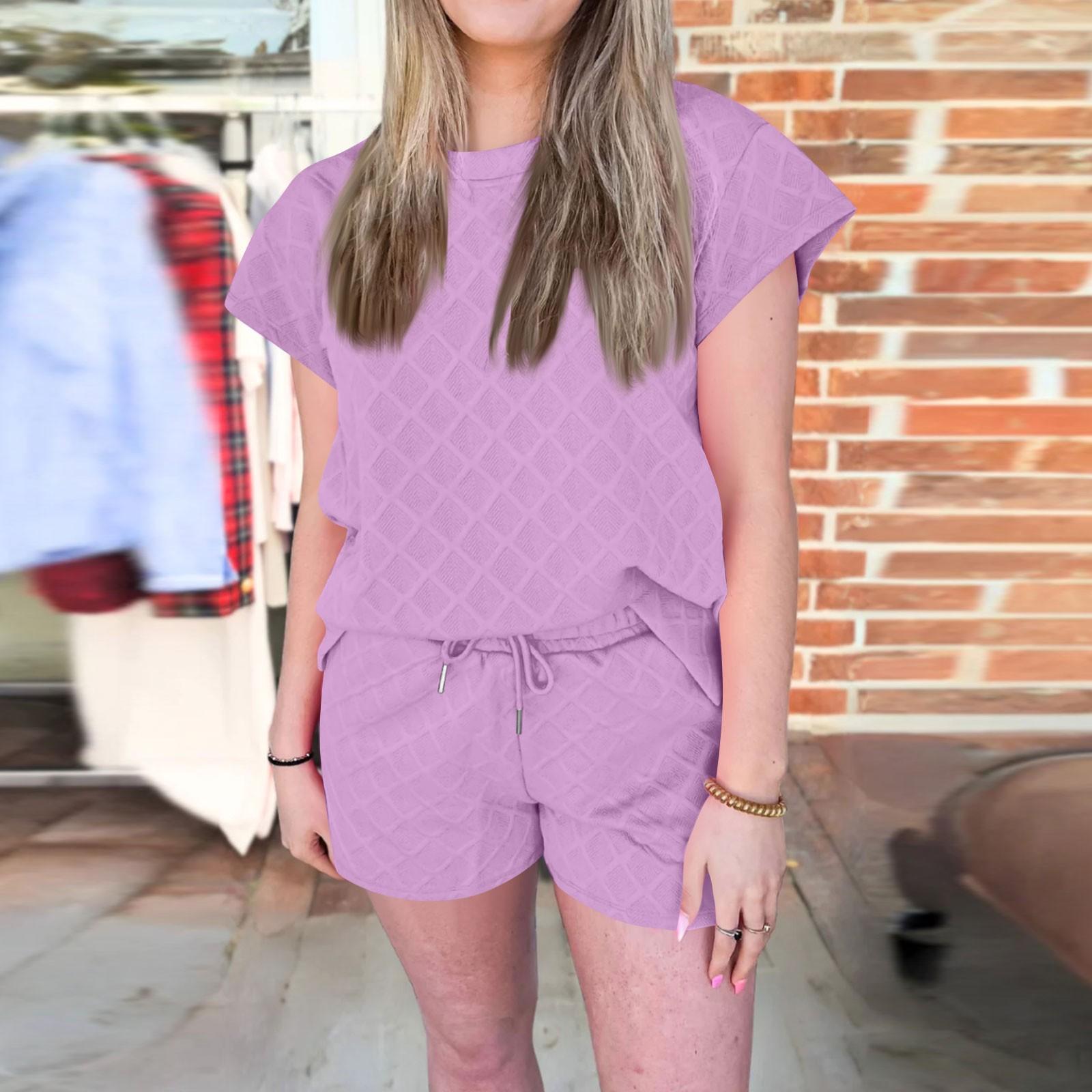 

Жіночий модний повсякденний спортивний костюм великого розміру з круглим вирізом і короткими рукавами, шорти з двох предметів XS фіолетовий