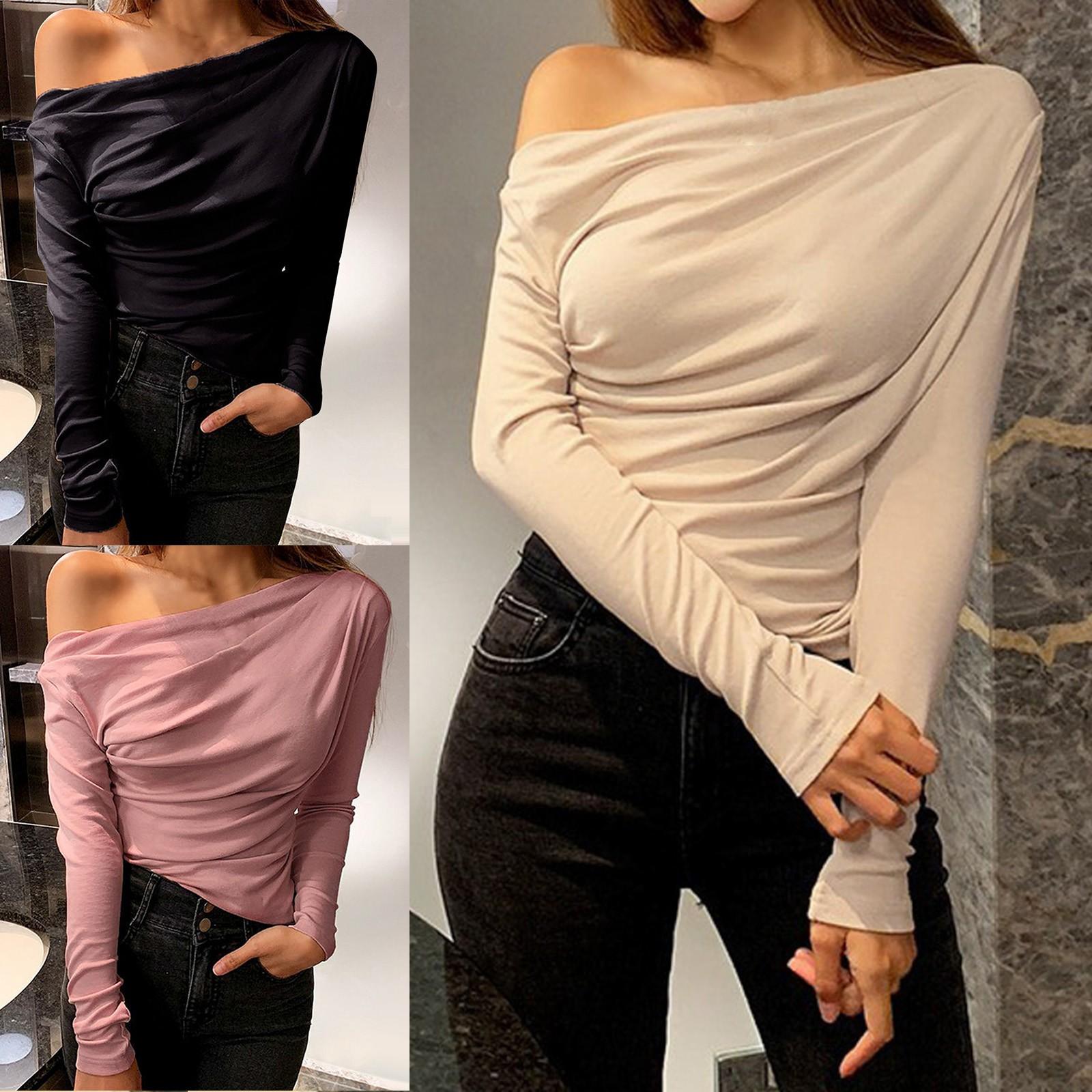 

Women Slim Solid-Solored Short Knit Bias-Collared Shoulder Shirt Tops