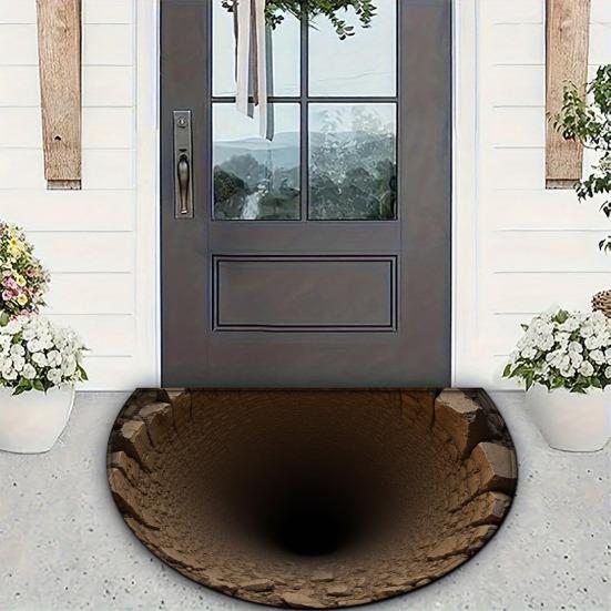 3D Optical Illusion Rug Realistic Hole Floor Mat Bottomless Pit Semi-Circular Doormat Anti-Slip Rug for Entrance Living Room Bedroom Decor