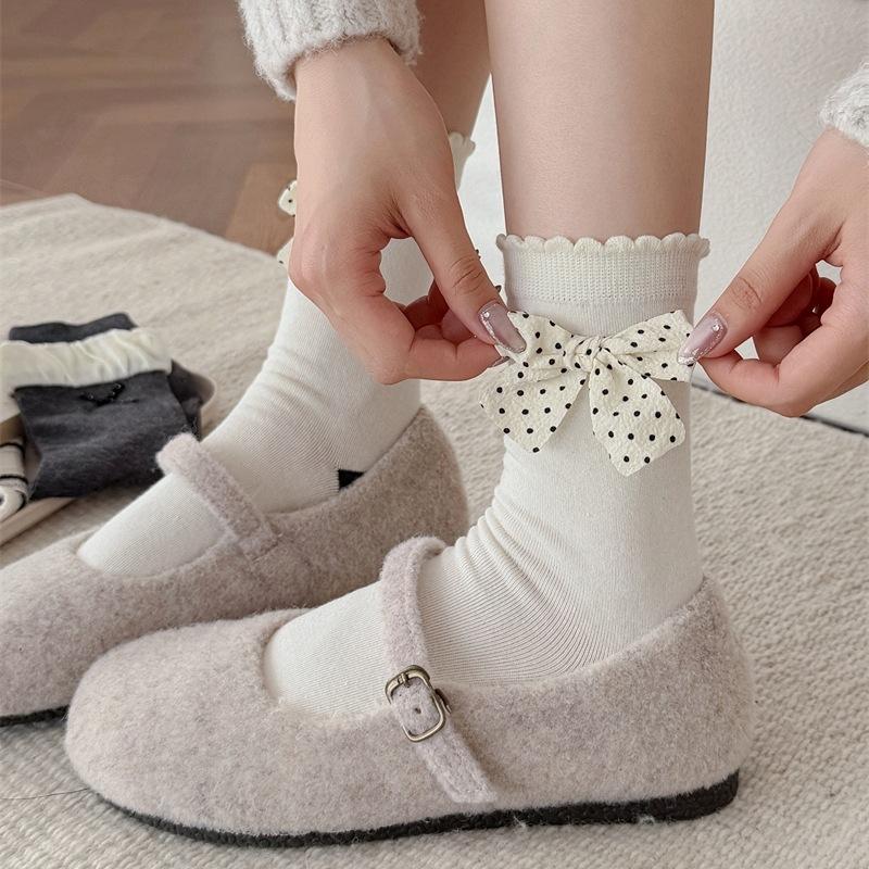 Autumn Polka Dot Bow Mid-calf Socks for Women, Sweet Bubble Mouth Lace Pile Cotton Socks