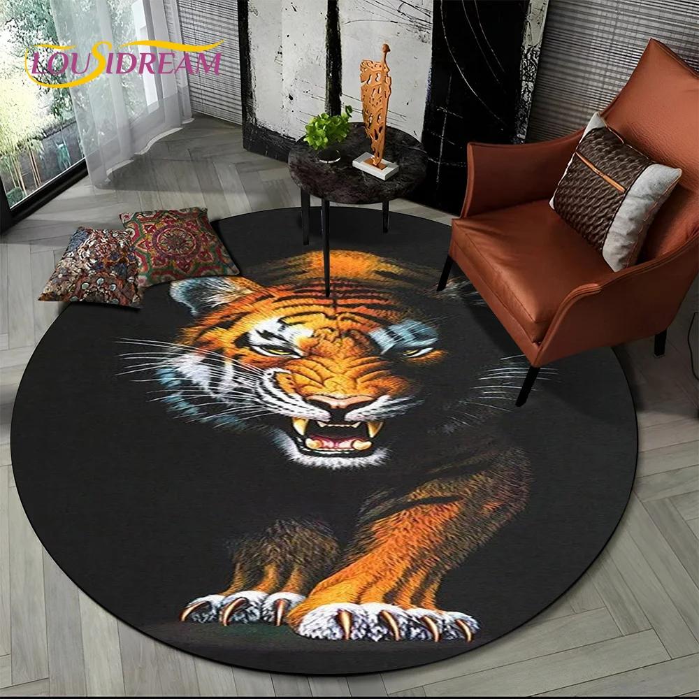 Beast Tiger Lion Leopard Animal Wildlife Cartoon Round Carpet Rug for Living Room Bedroom Child Decor,Pet Area Rug Non-slip Mat