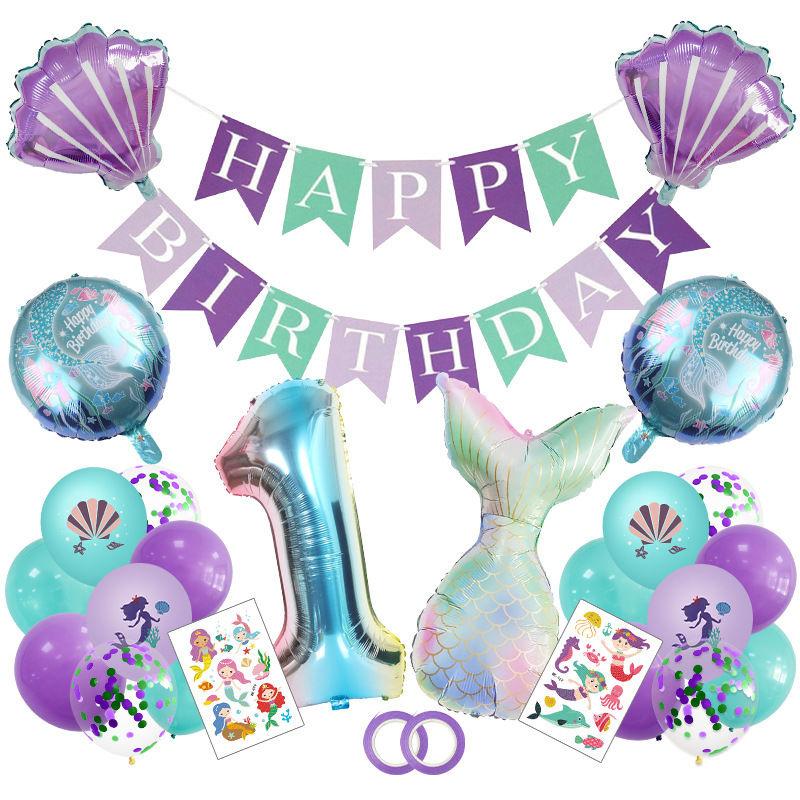 Fashionable Mermaid-themed Children's First Birthday Party Decoration Mermaid-printed Latex Banner Sticker Set