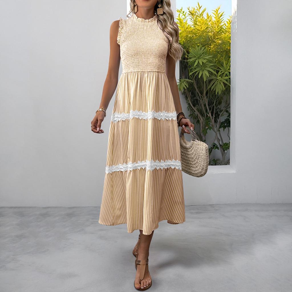 New Sweet Casual Lace Ruffled Trim Sleeveless Striped Summer Dress