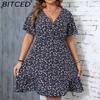 BITCED Plus Size Women's Sun Dress Summer Floral Short-Sleeve Wrap V-Neck A-Line Dress