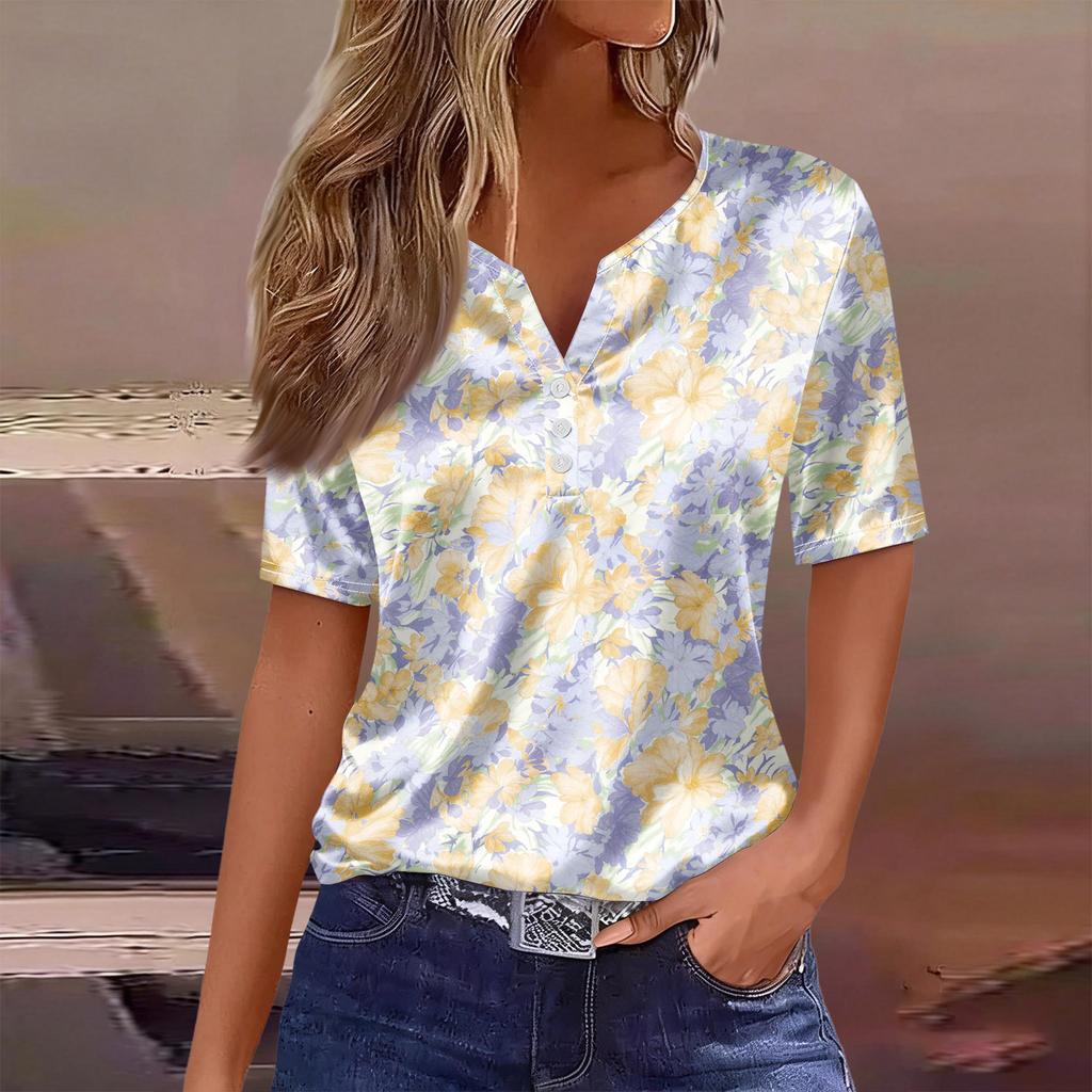 Women's Fashion Casual Retro Print  Collar Short Sleeve Button T-Shirt Top
