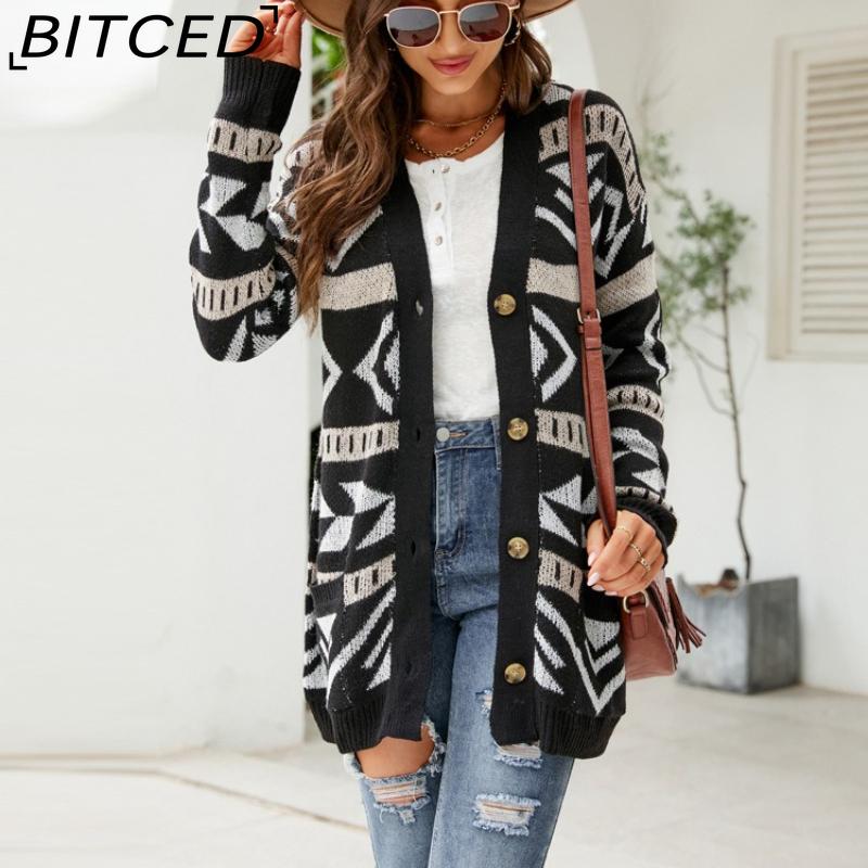 BITCED Autumn/Winter Women's Diamond-Patterned Oversized Knitted Cardigan Jacquard Mid-Length Sweater Coat