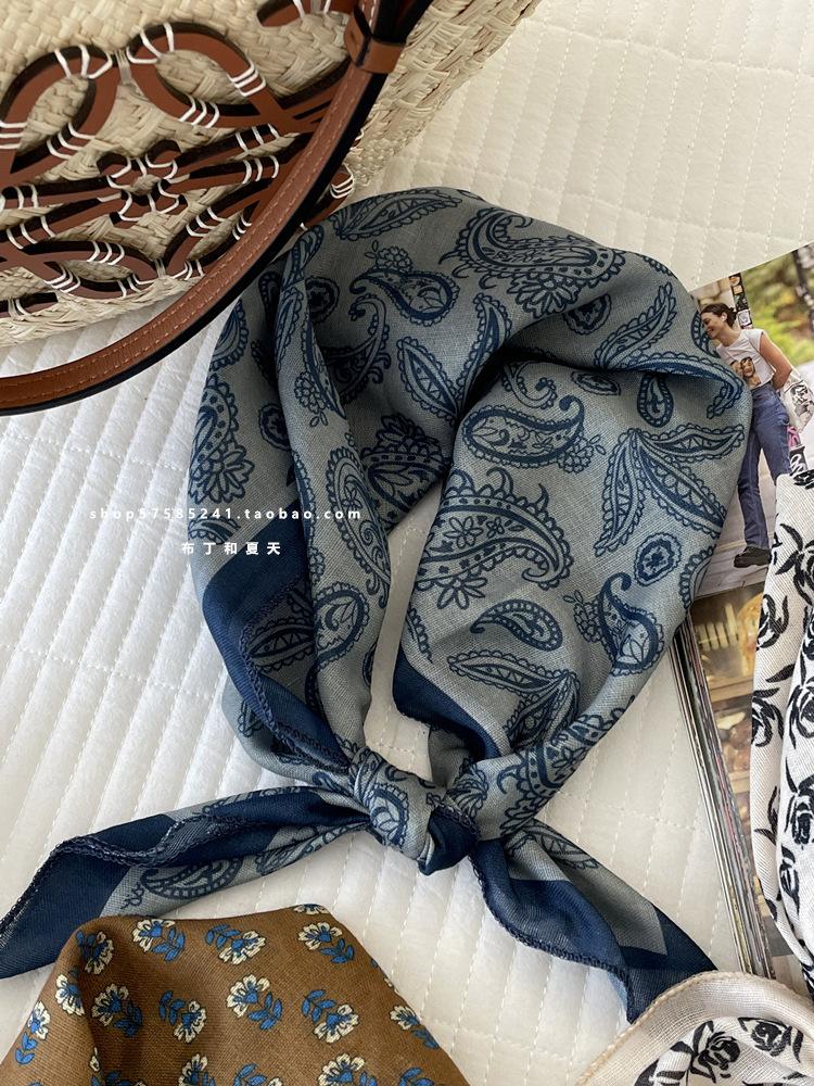 Japanese light retro literary and artistic stacking Mori floral small square scarf commuting silk scarf scarf headscarf cotton and linen scarf Korean 55*55cm