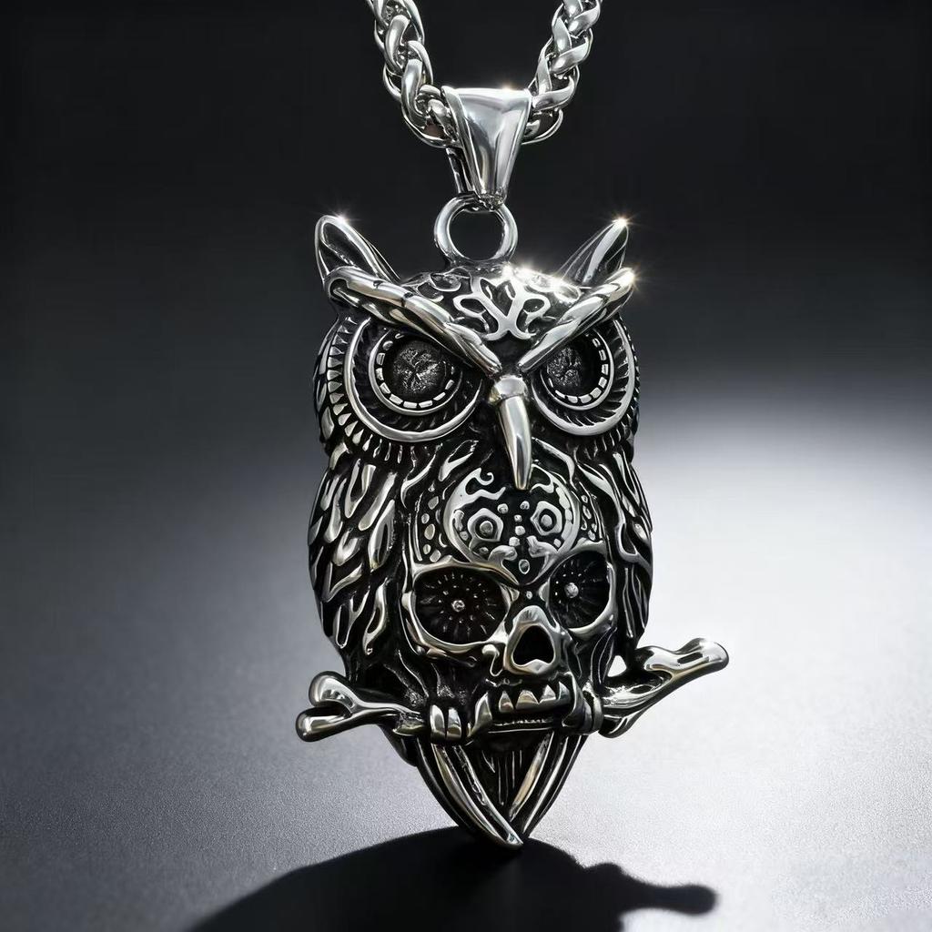 HNSP 316L Edelstahl Eulen Schädel Anhänger Halskette Für Männer Punk Gothic Stil Halloween Accessoire Geschenk