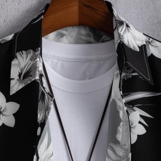 Lapel Short Sleeve Men Shirt Buttons Closure Thin Anti-pilling Summer Flower Printed Hawaiian Shirt Beachwear