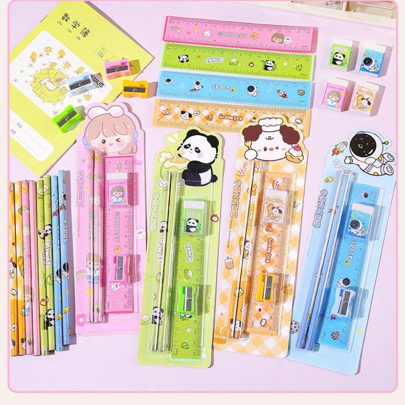 5PCS Cartoon Pencil Stationery Set Small Gift Student Souvenir Student 5 Piece Set Eraser Ruler Roller Pencil Knife Wholesale