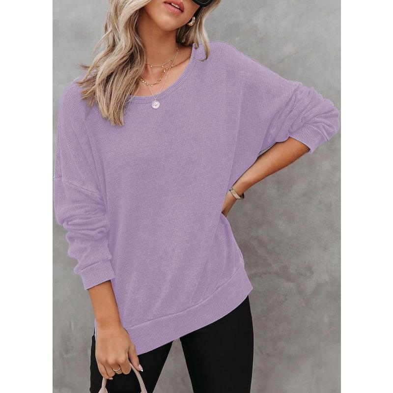 New Autumn Women's Round Neck Long Sleeve Side Slit Waffle Simple and Versatile Sweatshirt