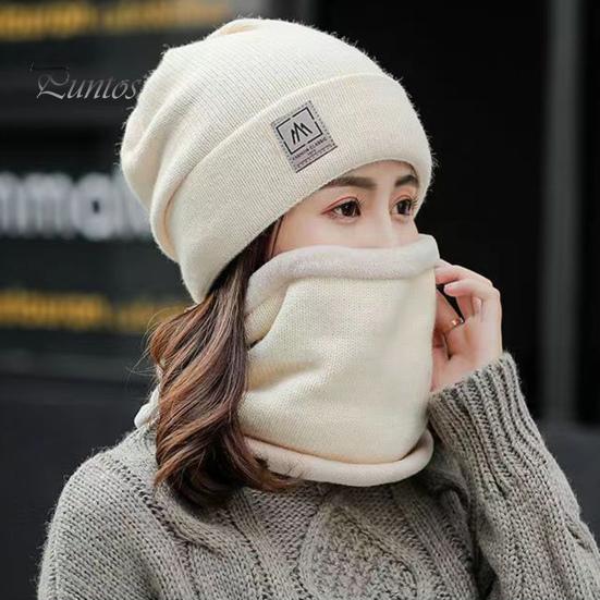 2 Pcs/Set Lady Winter Beanie Scarf Sert Knitted Elastic Ear Protection Brimless Windproof Cap Neck Wrap Set Outdoor Cycling Skiing Headwear