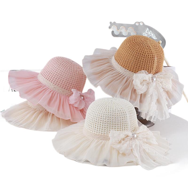 Summer Girls Straw Visor Big Brim Mesh Bow Princess Wind Sun Hat Outdoor Outing