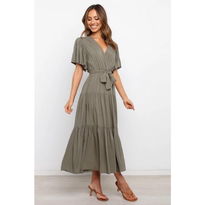 2025 Summer V-neck Short Sleeved Casual Dress Elegant Women Commuter Lace-up Waist Office Casual Party A-line Dresses Female Women's Clothing