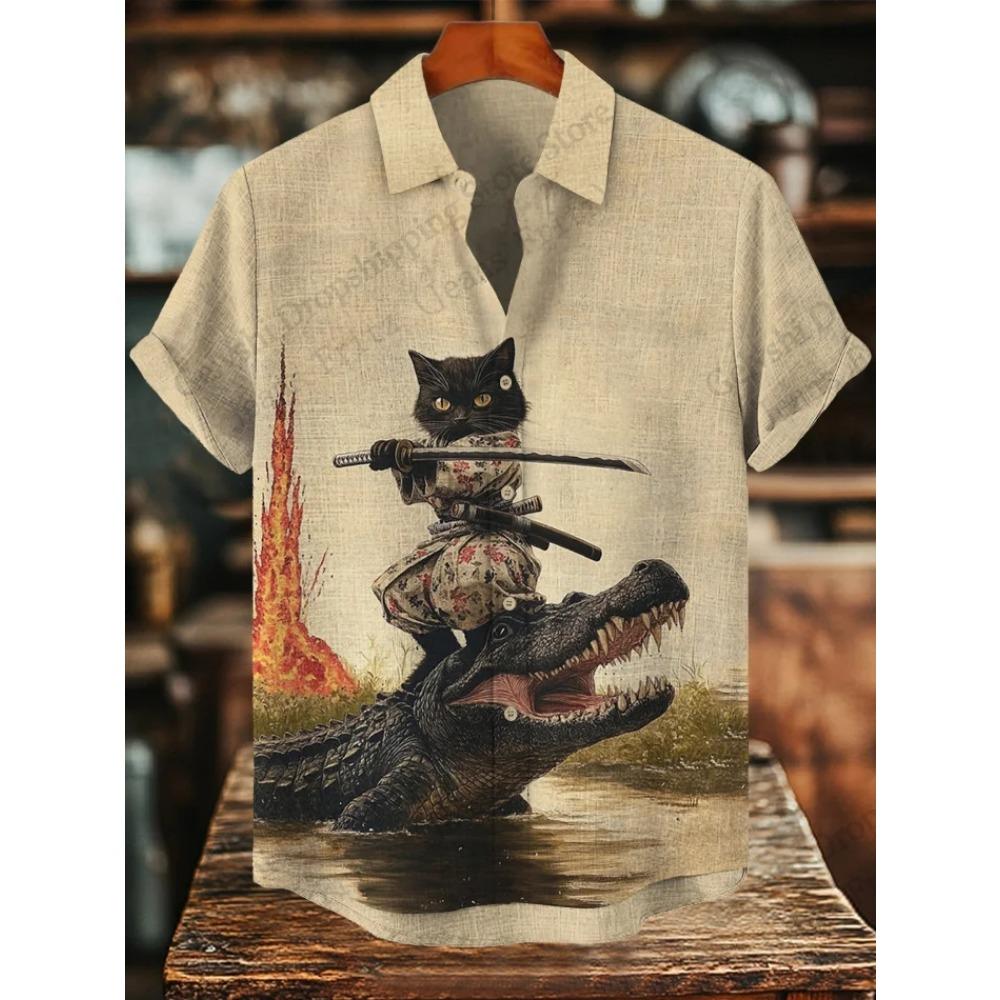 Men's Shirts Warrior Samurai Cat Print Hawaii Beach Shirt For Men 3d Print Hawaiian Shirt Women Fashion Short Sleeve Blouse New