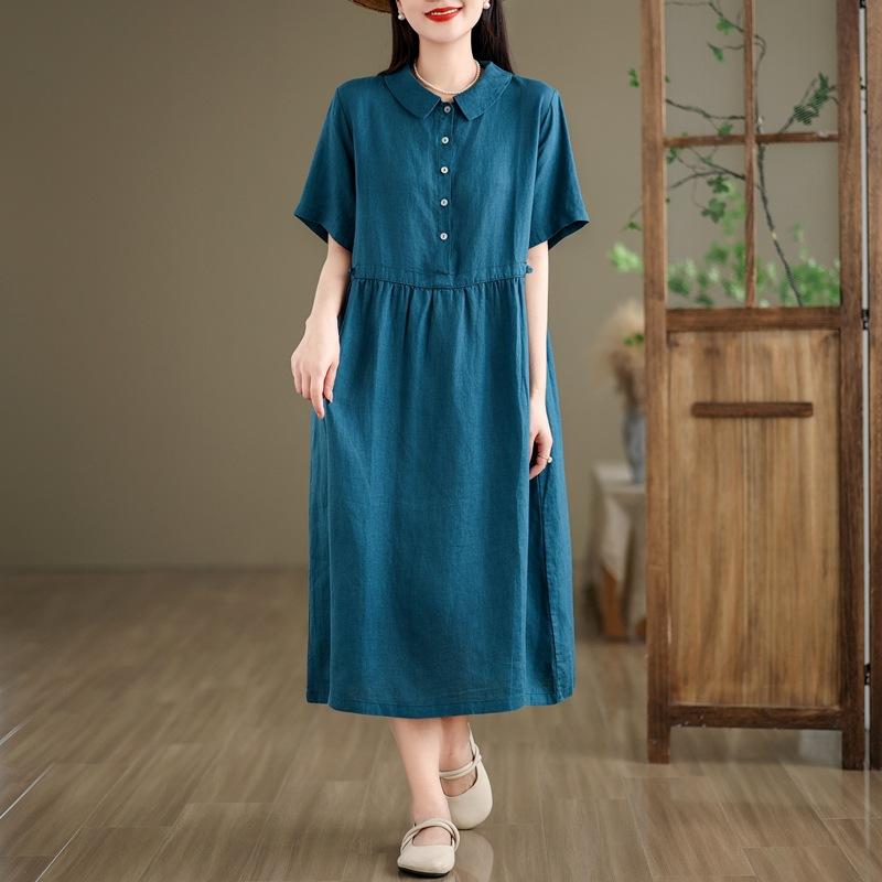 2025 Summer New Cotton and Linen Dress Women's Loose and Simple Polo Collar Short-sleeved Medium and Long Solid Color Skirt