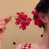 Sweet Gold Color Ear Hanging Red Flower Tassel Jewelry Accessories  for Women Girls