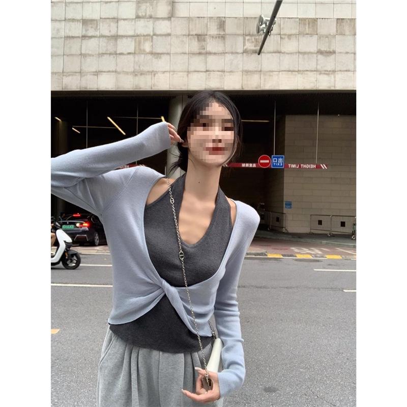 

Женский облегающий топ с V-образным вырезом, халтер, цветной блок, с длинным рукавом, комплект L синий